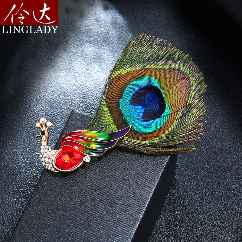 伶达孔雀羽毛夏季新款水钻胸针 伶达饰品胸针
