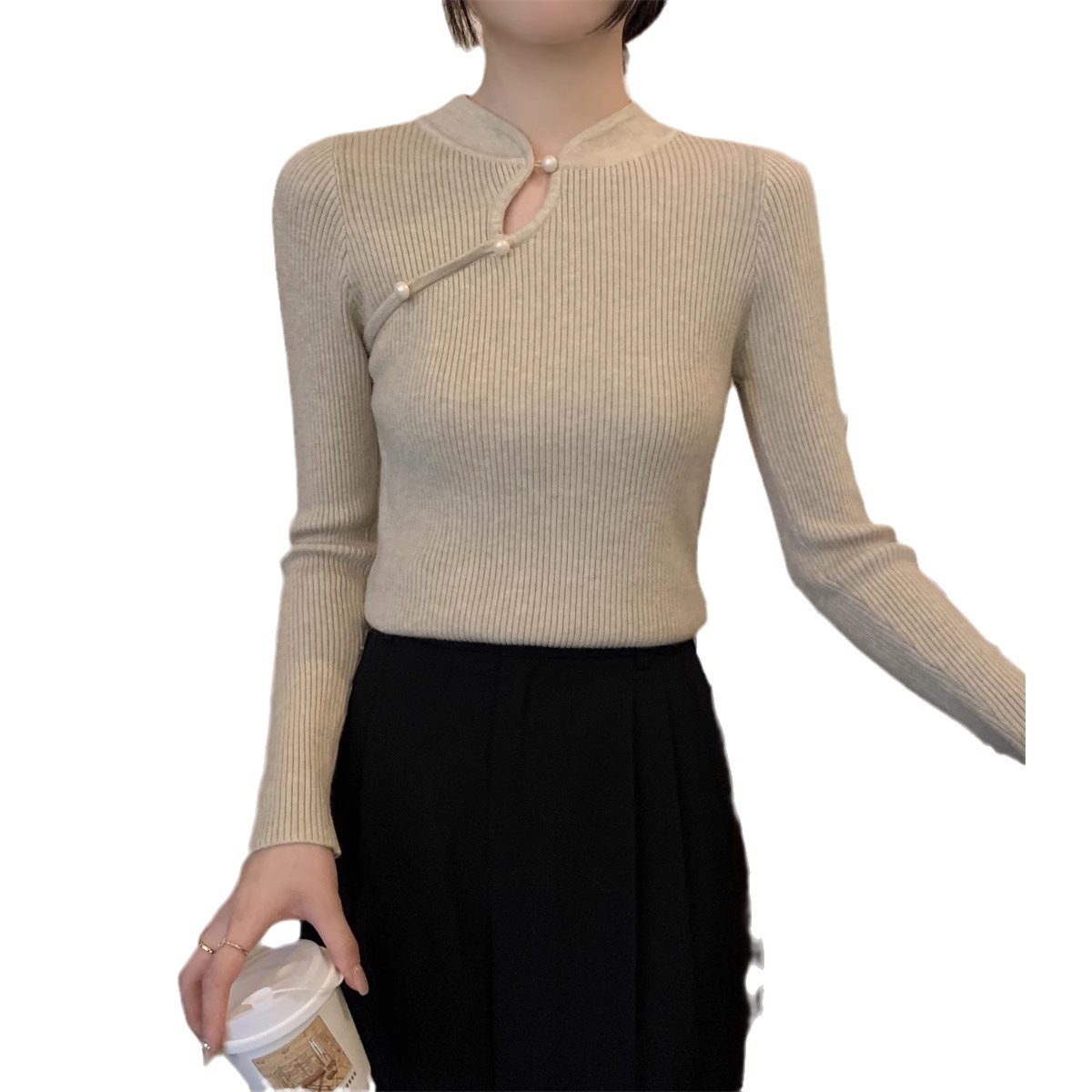 国风半高领简约时尚毛衣女秋冬新款设计感小众紧身套头内搭打底上 - 图3