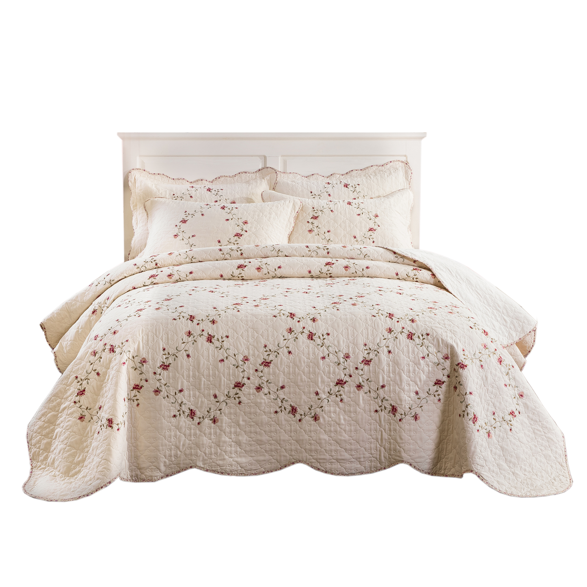 纯棉床盖绗缝绣花全棉夏被三件套床罩衍缝被榻榻米床单水洗防滑