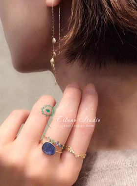 日系agete风复古宫廷风树叶橄榄枝蓝锆石925纯银镀14k金戒指环女