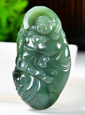 省级大师郭磊油疙瘩细料手工精雕和田玉猫眼碧玉手把件弥勒佛95克