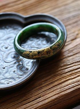 《碧纱窗下洗沉烟》天然和田玉俄料老料碧玉描金古典手镯