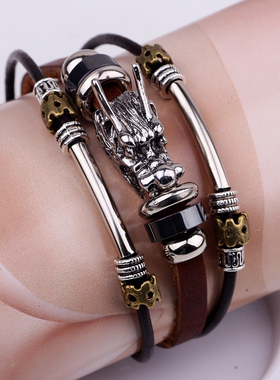 龙头真皮韩版钛钢霸气风复古手环