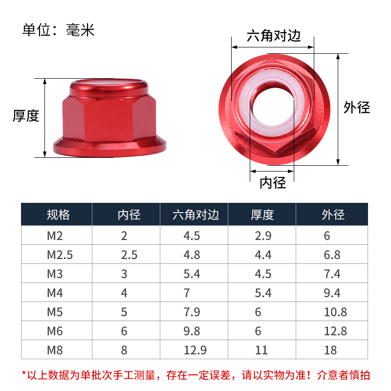 坚威彩色铝合金法兰螺帽模型用尼龙圈防松螺母螺丝帽M2M3M4M5M6M8