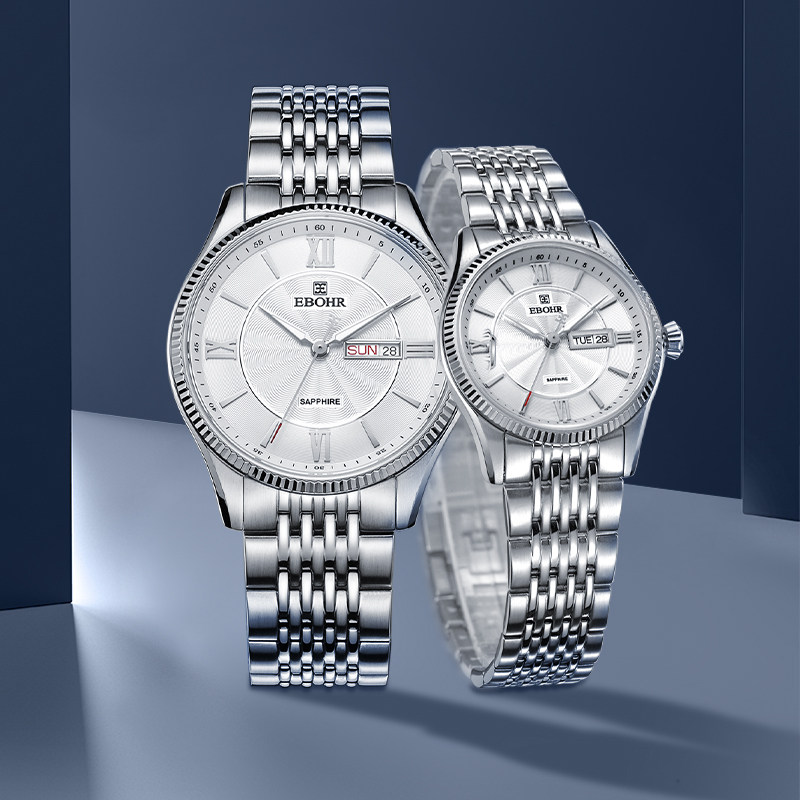 依波表EBOHR 男士手表石英表时尚休闲女表正品钢带日历情侣表1076