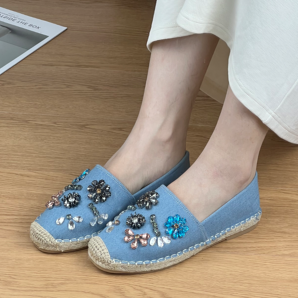 大码渔夫鞋春季新款平底单鞋一脚蹬懒人乐福鞋水钻草编厚底鞋子女,淘宝优惠券,粉丝福利购,淘宝优惠卷