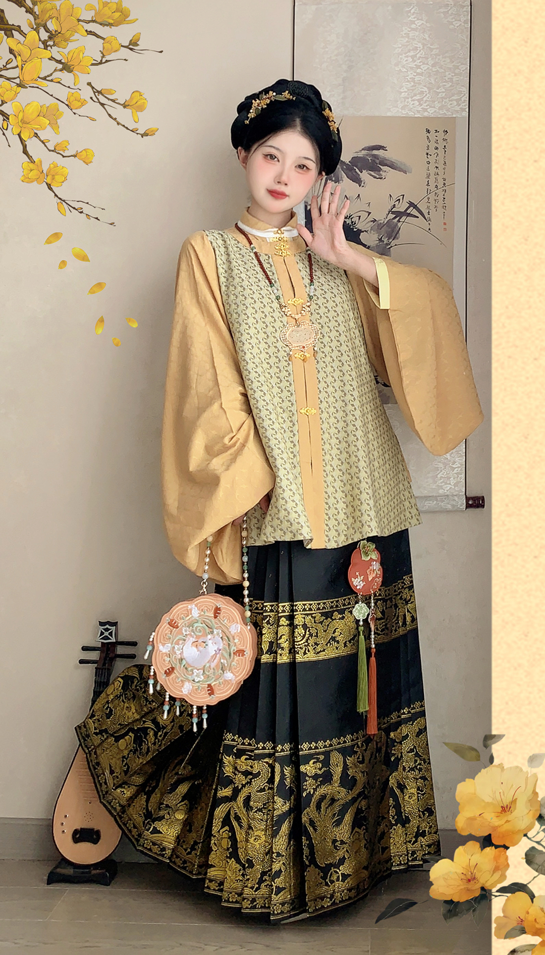 福鹿记[秋茗]圆领短比甲汉服粉蓝翠柏绿明制汉服菱格龟甲纹提花 - 图2