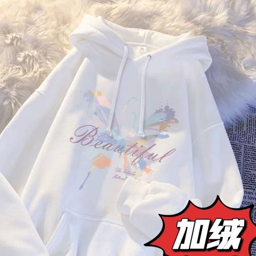 新款冬季连帽童装卫衣女上衣韩系学院风加绒宽松百搭蝴蝶印花外套 - 图3