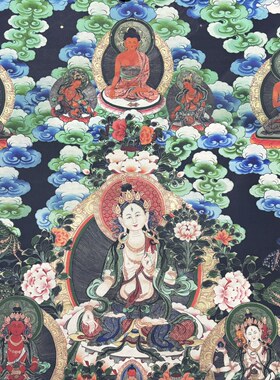 藏式唐卡五方文殊菩萨挂画藏佛唐卡布画条幅壁画59*83未装裱