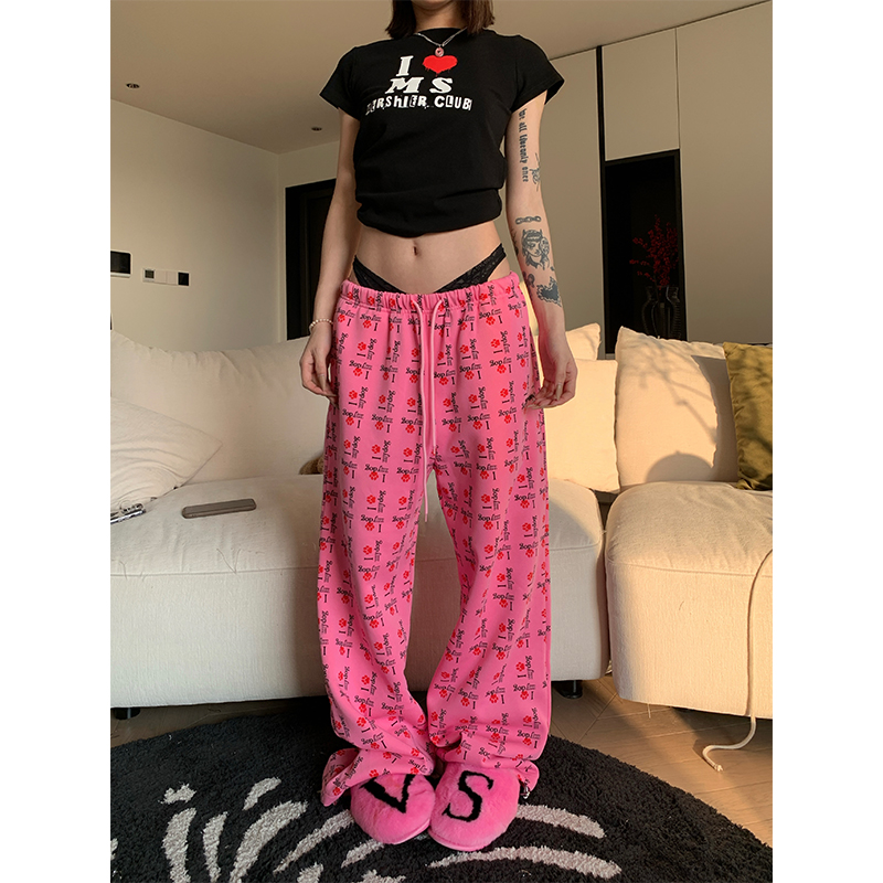 JMJ 2025春季新款美式趣味狗爪满印休闲裤男女宽松直筒休闲阔腿裤 - 图0