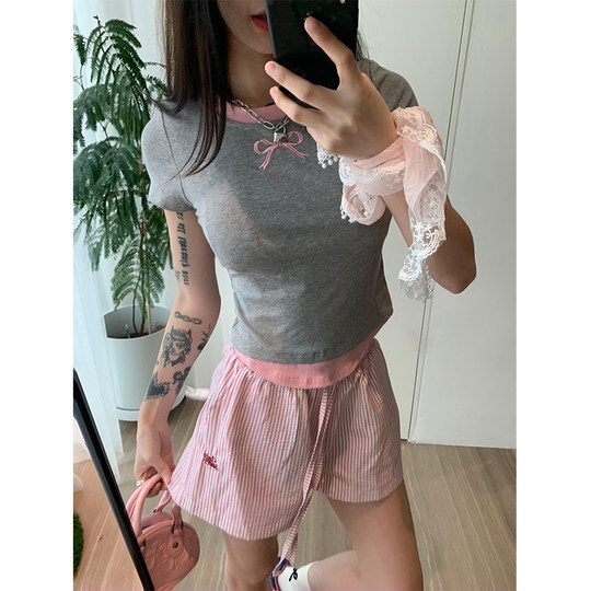 JMJ 2025竖条纹抽绳字母刺绣阔腿短裤男女宽松夏季热裤休闲三分裤