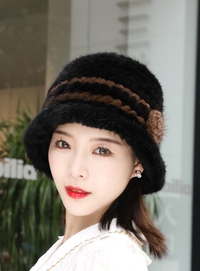 水貂女士皮草编织时尚花朵帽子