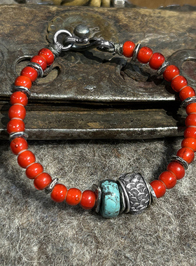 跋折罗红琉璃复古松石银珠手链