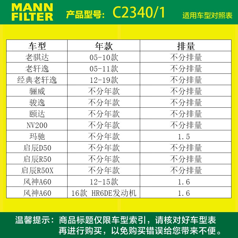 曼牌滤清器C2340/1空气格滤芯适用日产轩逸骏逸NV200骊威启辰D50