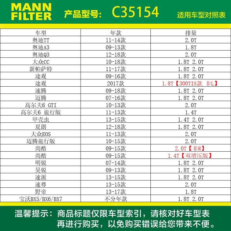 曼牌滤清器C35154空气格滤芯适用迈腾高尔夫速腾奥迪A3帕萨特夏朗-图0