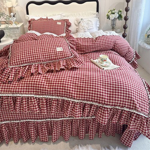 红色格子复古风全棉水洗棉四件套床盖夹棉纯棉花边被套结婚房床品 - 图1