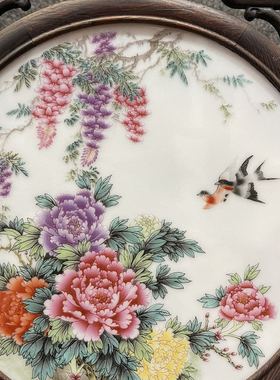 紫光檀木镶珐琅彩花鸟瓷板画