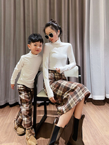 Deer Mother Boy Pants Foreign Air Kiss Dress 2023 Autumn Winter New Casual Mother-son Korean Version Thickened Plaid Half Body Dress