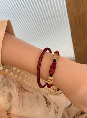新中式椰壳朱砂色手镯套装小众设计百搭本命年女手饰手串一件