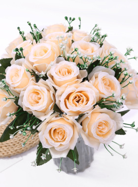 18头三角卷边仿真玫瑰花束家居装饰插花摆件节日婚庆道具假花