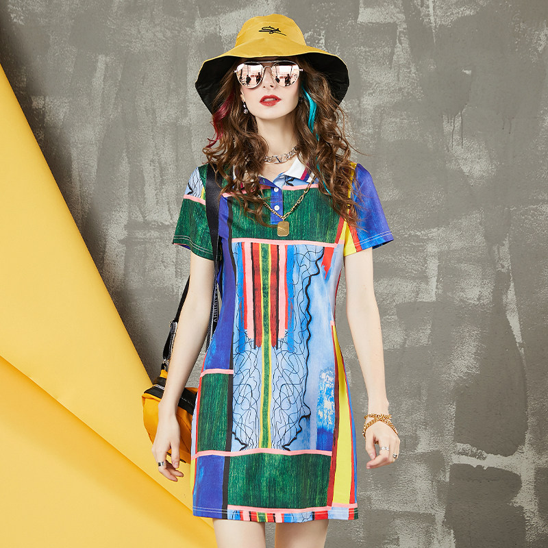 纷彩鲨鱼印花短袖Polo连衣裙女2025欧洲站夏新款中长款休闲A字裙,淘宝优惠券,粉丝福利购,淘宝优惠卷