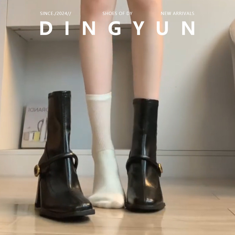 羊皮版dingyun丁允瘦瘦靴女粗跟骑士靴加绒高跟中筒靴法式马丁靴,淘宝优惠券,粉丝福利购,淘宝优惠卷