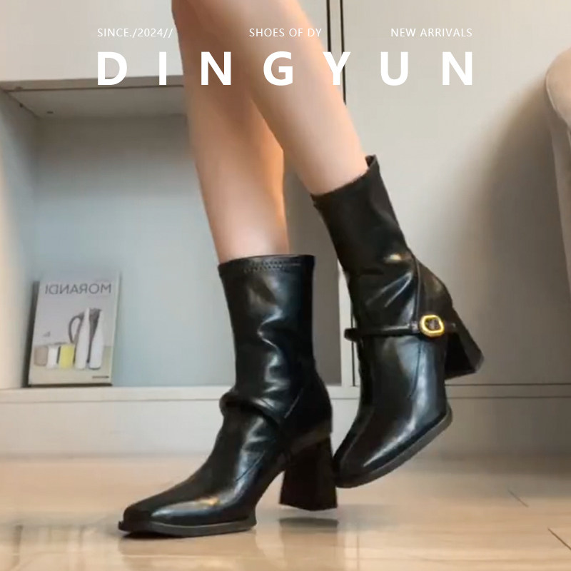 羊皮版dingyun丁允瘦瘦靴女粗跟骑士靴加绒高跟中筒靴法式马丁靴,淘宝优惠券,粉丝福利购,淘宝优惠卷