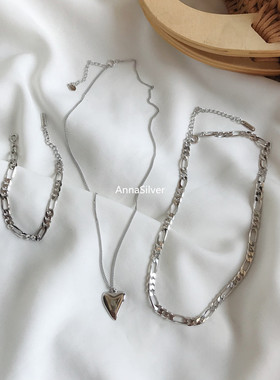 通体s925纯银复古光面爱心项链