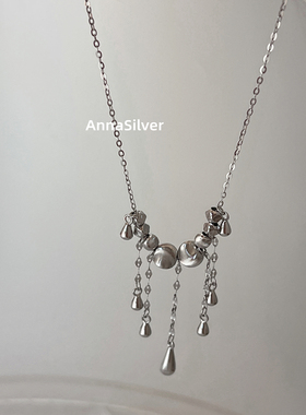 通体S925纯银时尚拉丝猫眼圆珠流苏气质锁骨短款项链