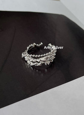 S925纯银时尚不规则镶钻纹理戒指
