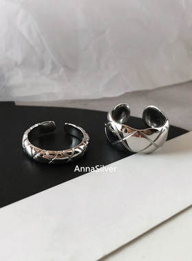 纯银气质光面菱形纹开口戒指