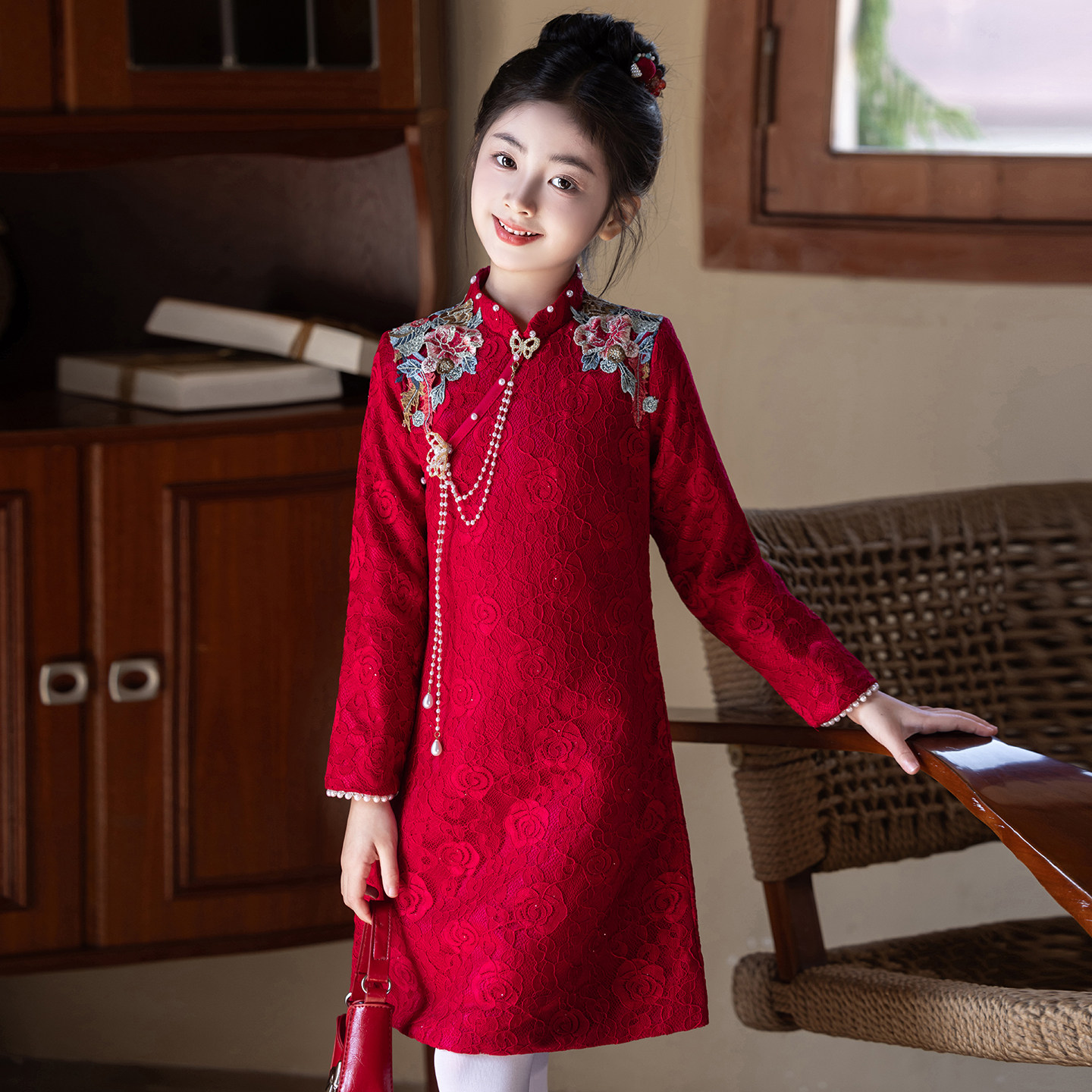 女童旗袍拜年服新中式女孩国风红色高端新年礼服儿童过年唐装冬季,淘宝优惠券,粉丝福利购,淘宝优惠卷