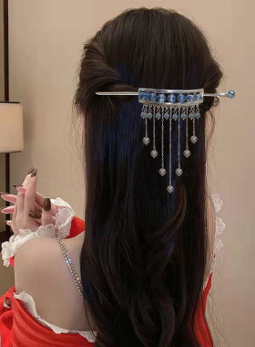 清冷感深海蓝珠发簪两件套