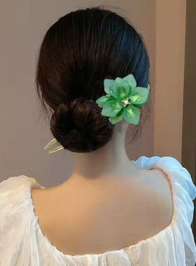 复古汉服琉璃花发钗绿色u型发簪
