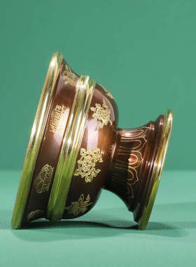 藏传民族高脚供水杯黄铜杯佛古碗圣水色供水家用供奉描金吉祥八前