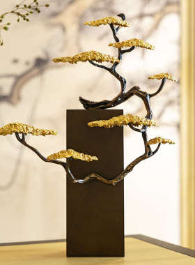 柏梵新中式黄铜迎客松摆件高档客厅装饰品办公室摆件乔迁开业礼品