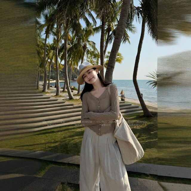 ເສື້ອຍືດຄໍ V-neck ຝຣັ່ງ knitted hollow cardigan ສໍາລັບແມ່ຍິງ