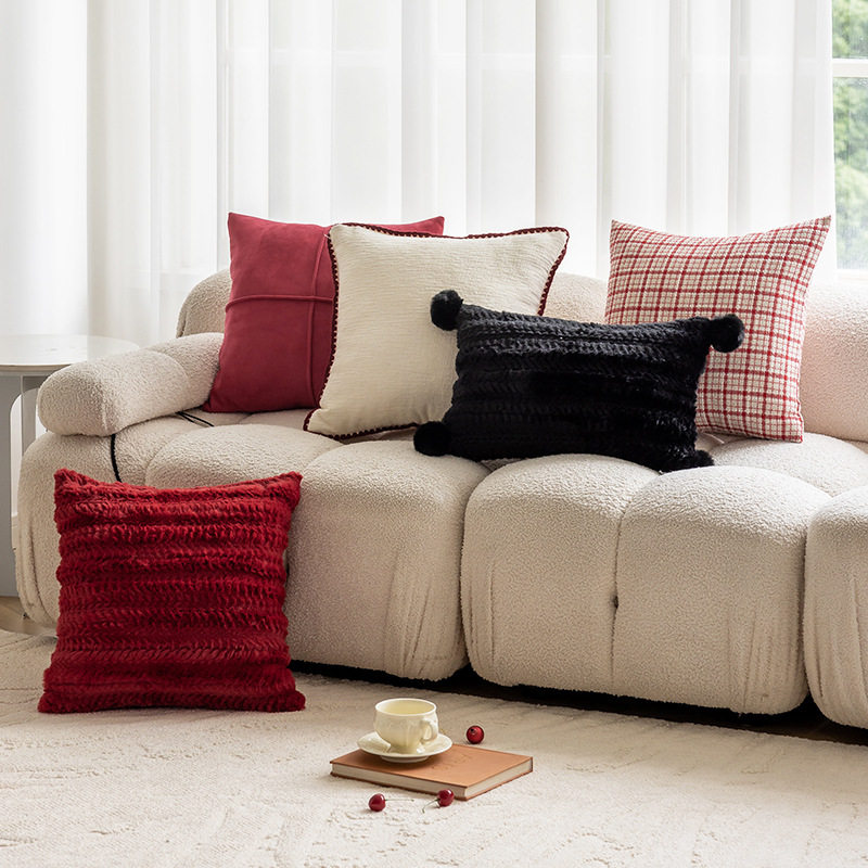 现代简约风毛绒抱枕沙发靠垫客厅沙发小香风靠枕床头雪尼尔喜庆红,淘宝优惠券,粉丝福利购,淘宝优惠卷