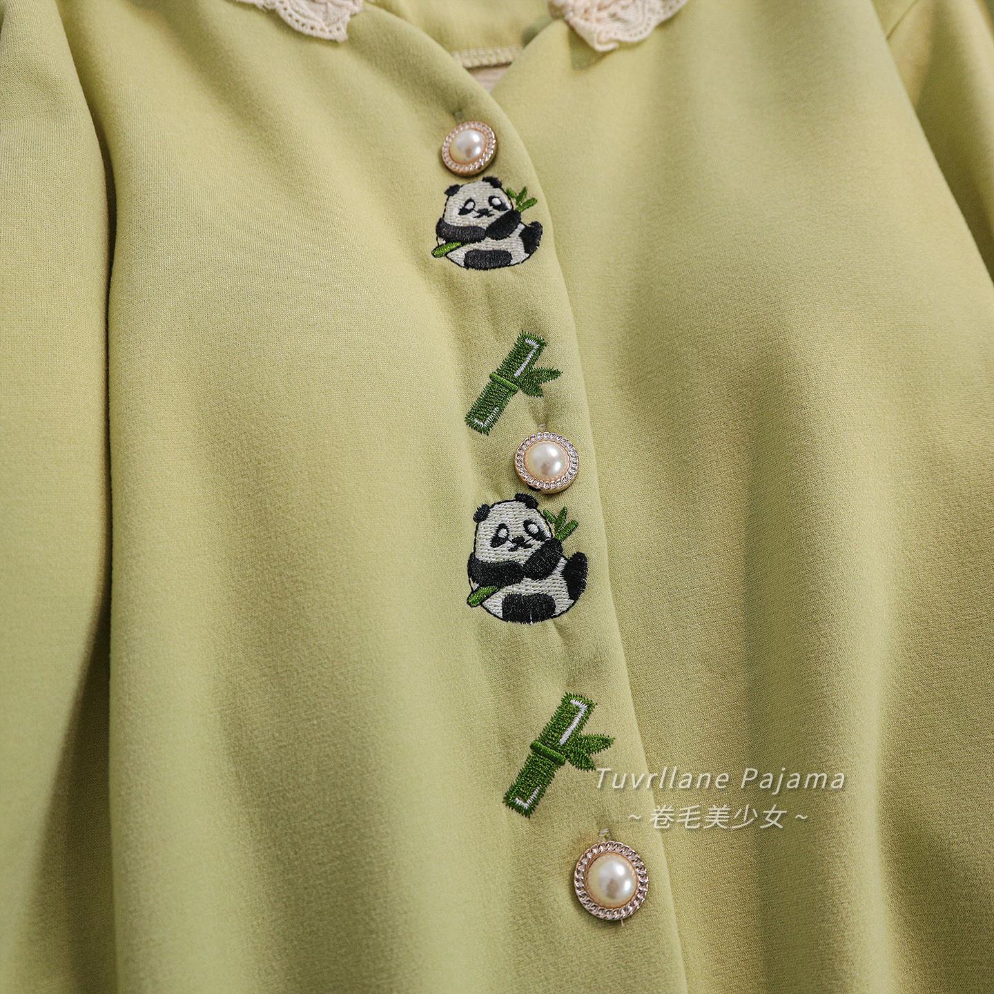 小清新绿卡通熊猫加厚德绒睡衣女2025秋冬季新款带胸垫羊绒家居服 - 图1