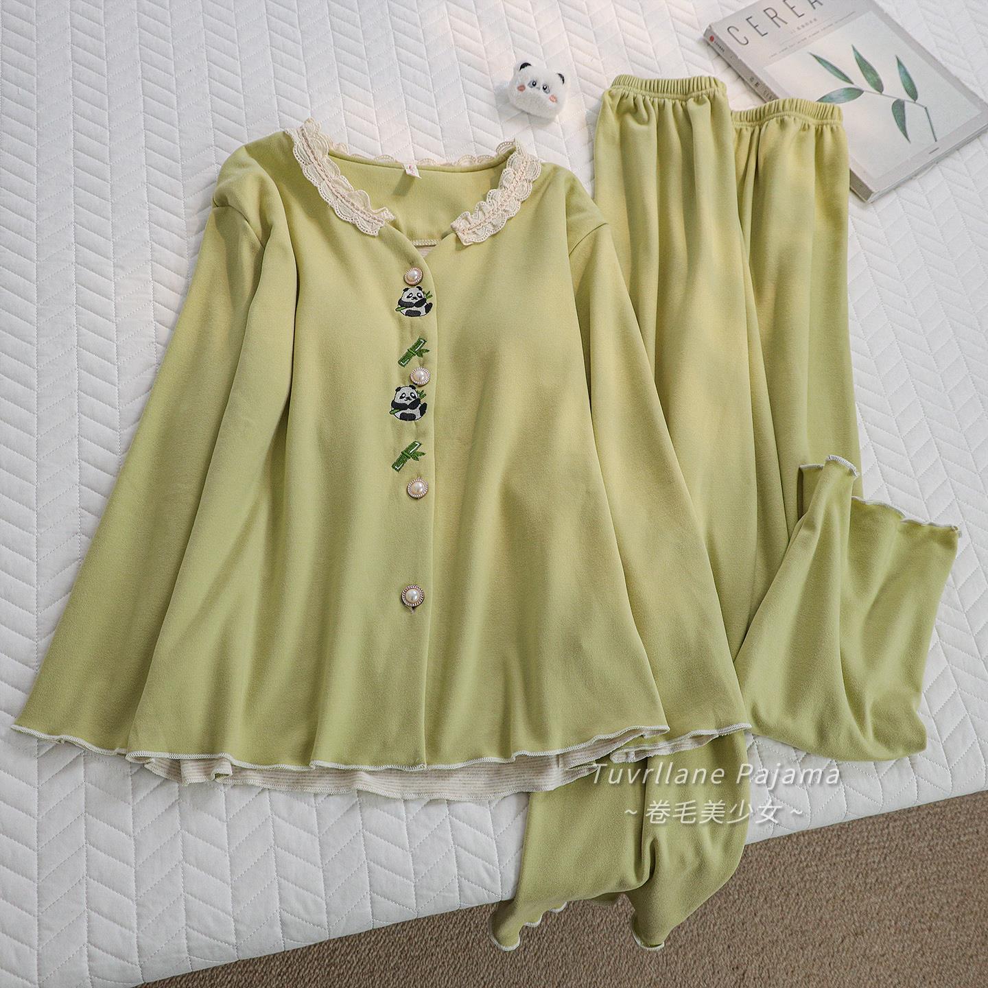 小清新绿卡通熊猫加厚德绒睡衣女2025秋冬季新款带胸垫羊绒家居服 - 图0
