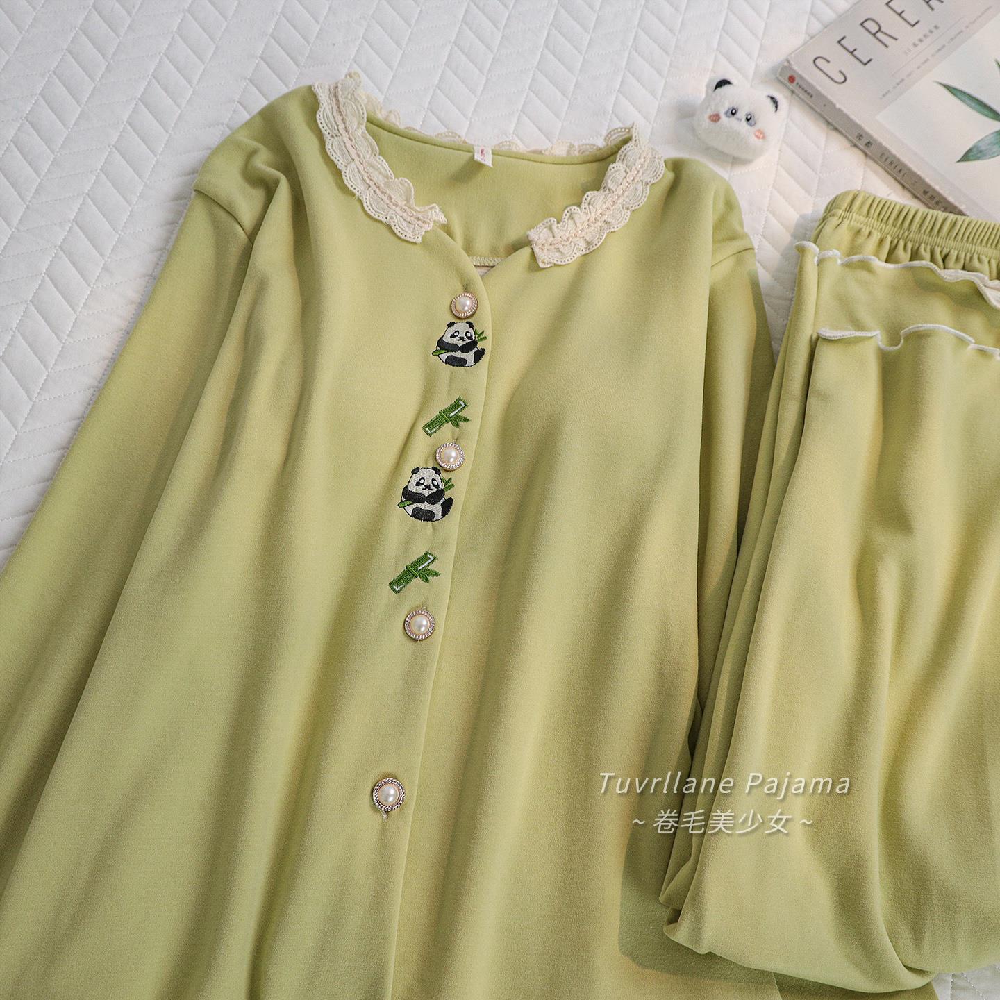 小清新绿卡通熊猫加厚德绒睡衣女2025秋冬季新款带胸垫羊绒家居服 - 图2