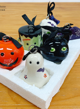 外贸陶瓷摆件万圣节摆设礼品釉下彩彩绘南瓜小鬼蝙蝠僵尸装饰挂件