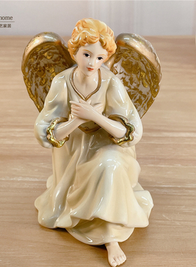外贸陶瓷摆件 造型摆设金色翅膀天使女孩 西班牙瓷偶人物装饰品