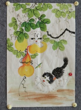 四尺三开花鸟画手绘国画葫芦竹子紫藤猫趣图客厅挂画特价HM572403