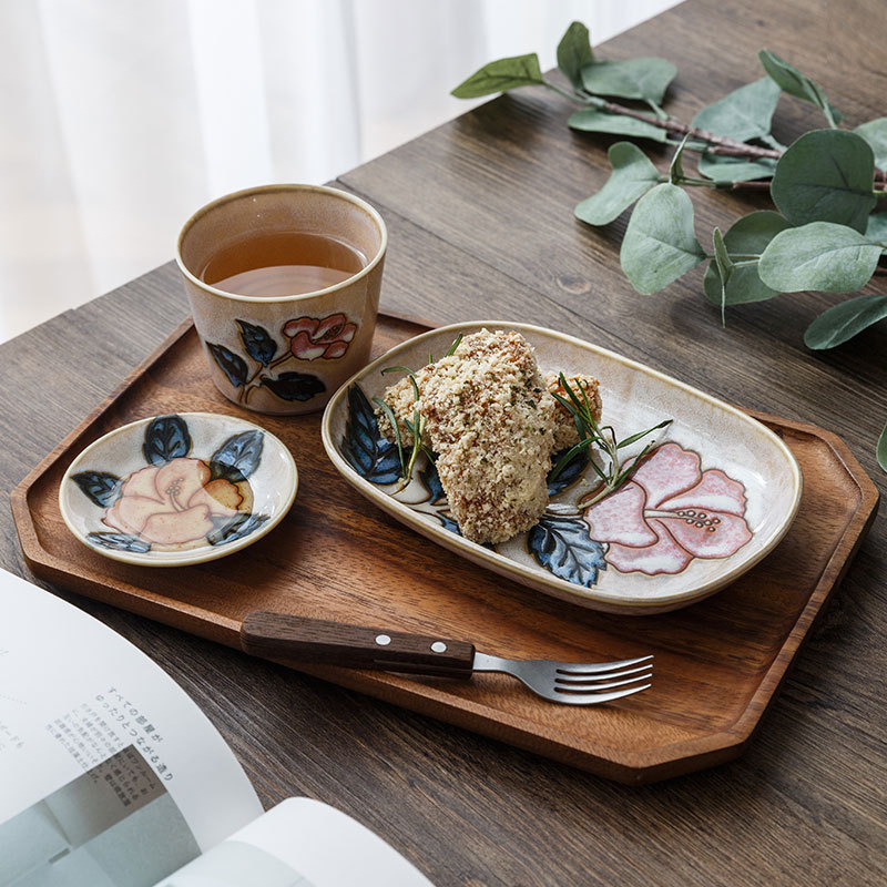美浓烧日式餐具创意手绘和风花纹碗陶瓷盘碟子家用组合套装米饭碗