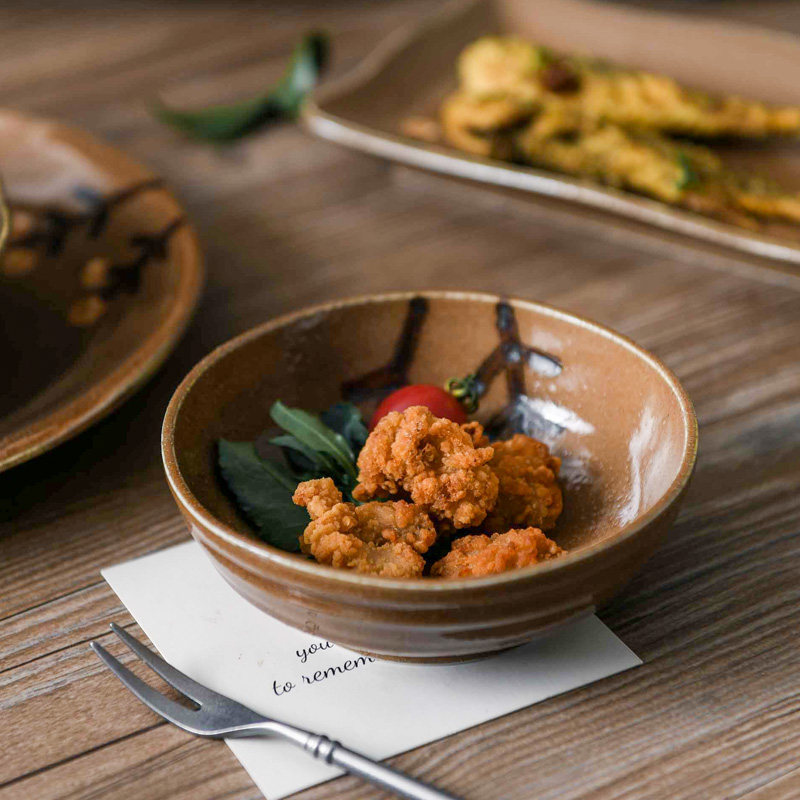 美浓烧陶瓷餐具焦糖春野系列米饭碗手绘日式和风菜盘碟子 - 图1