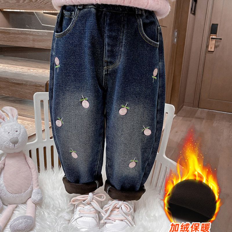 女童加绒牛仔裤秋冬新款儿童卡通刺绣哈伦裤女孩加厚一体绒老爹裤,淘宝优惠券,粉丝福利购,淘宝优惠卷