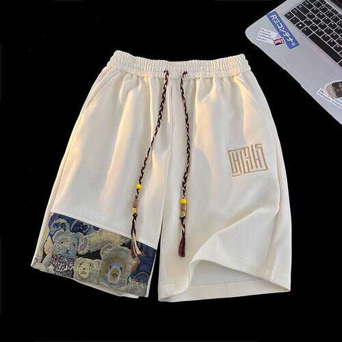 小熊拼接华夫格四分短裤男士夏季设计感跑步运动休闲宽松五分中裤 - 图1