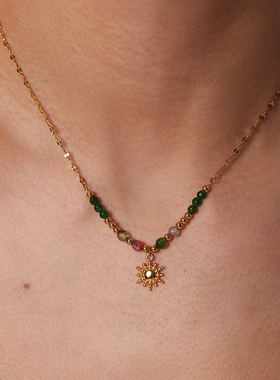 法式摩登复古INS风天然石吊坠项链18K金不锈钢太阳吊坠钛钢项饰女