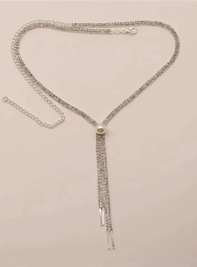 跨境爆款时尚珍珠长流苏水钻项链 女士个性百搭水晶锁骨链necklac